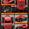 Various angles of a red 1:18 scale RC rock crawler model featuring four-wheel steering and rugged tires.