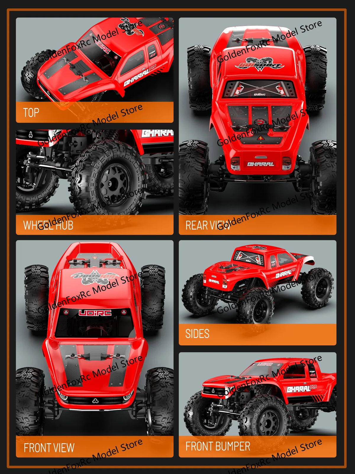 Various angles of a red 1:18 scale RC rock crawler model featuring four-wheel steering and rugged tires.