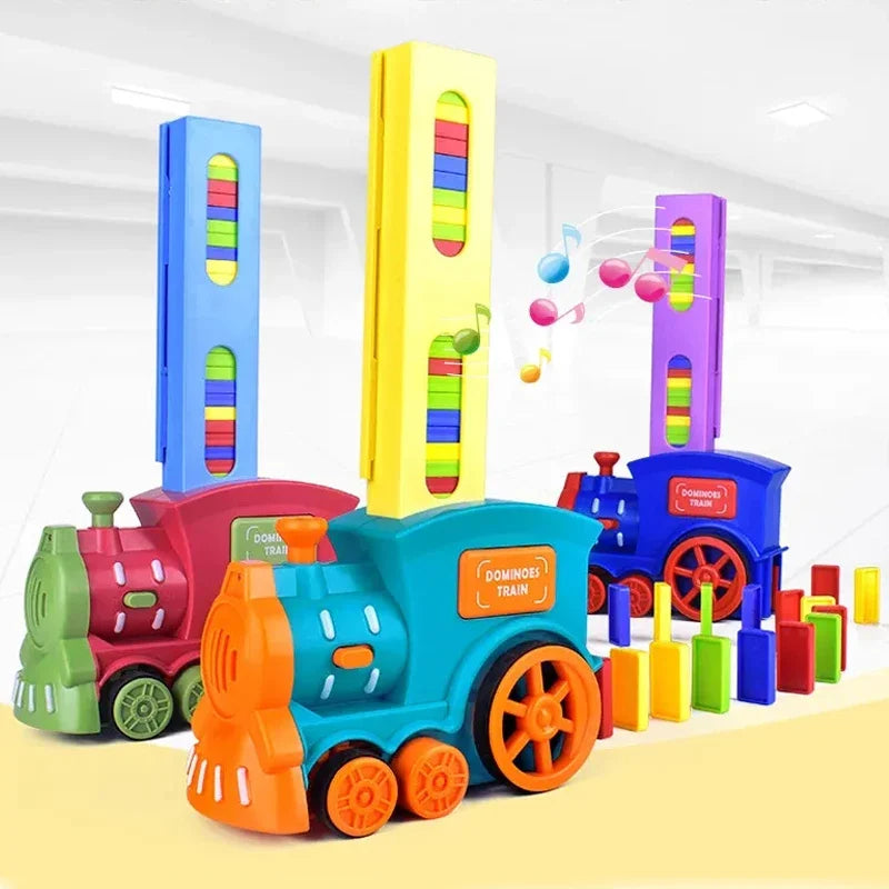 A colorful automatic domino train toy featuring bright yellow, blue, and purple vertical lights and sounds.