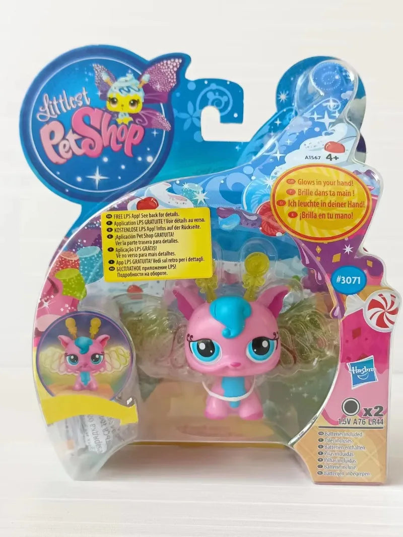 A set of mini posable animal figures in pink and purple, packaged with instructions.