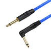 A blue and black instrument guitar cable with a right-angle connector tip.