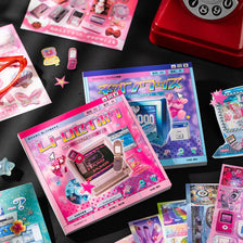 A collection of die-cut stickers featuring Kawaii Cyber Illusion and Vintage Starlight themes on various products.
