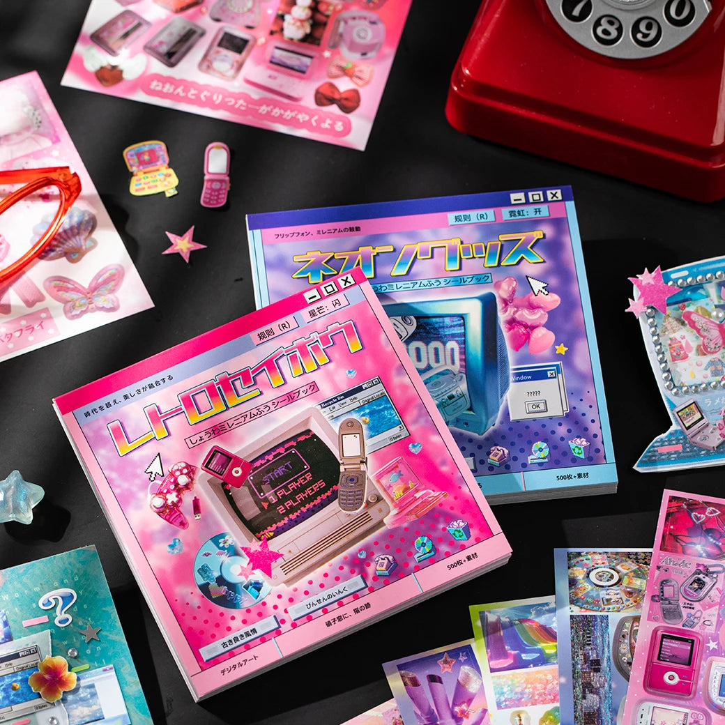 A collection of die-cut stickers featuring Kawaii Cyber Illusion and Vintage Starlight themes on various products.