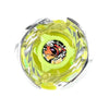 A clear metal spinning top with a yellow and black design and a central green core.
