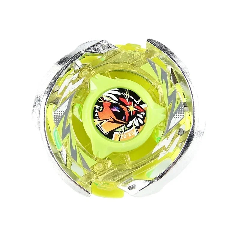 A clear metal spinning top with a yellow and black design and a central green core.