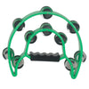 A green double-layer tambourine with metal bells for kids.