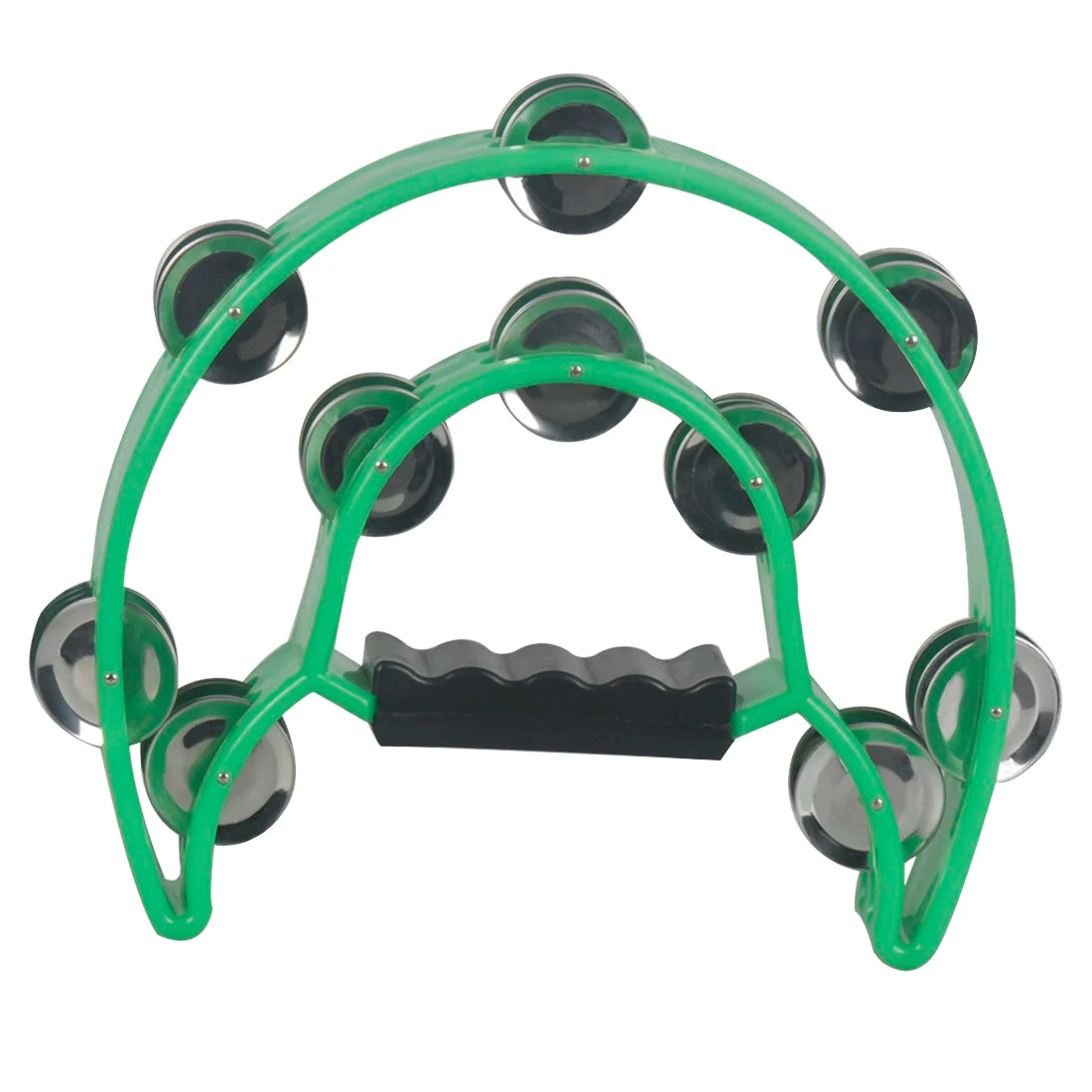 A green double-layer tambourine with metal bells for kids.