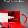 A red die-cast container trailer truck with multiple doors opened, showing simulation details.