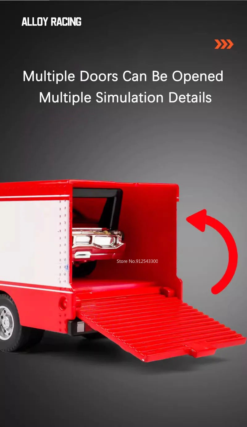 A red die-cast container trailer truck with multiple doors opened, showing simulation details.