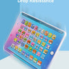 A tablet displaying colorful educational icons and buttons, demonstrating eco-friendly materials and drop resistance.
