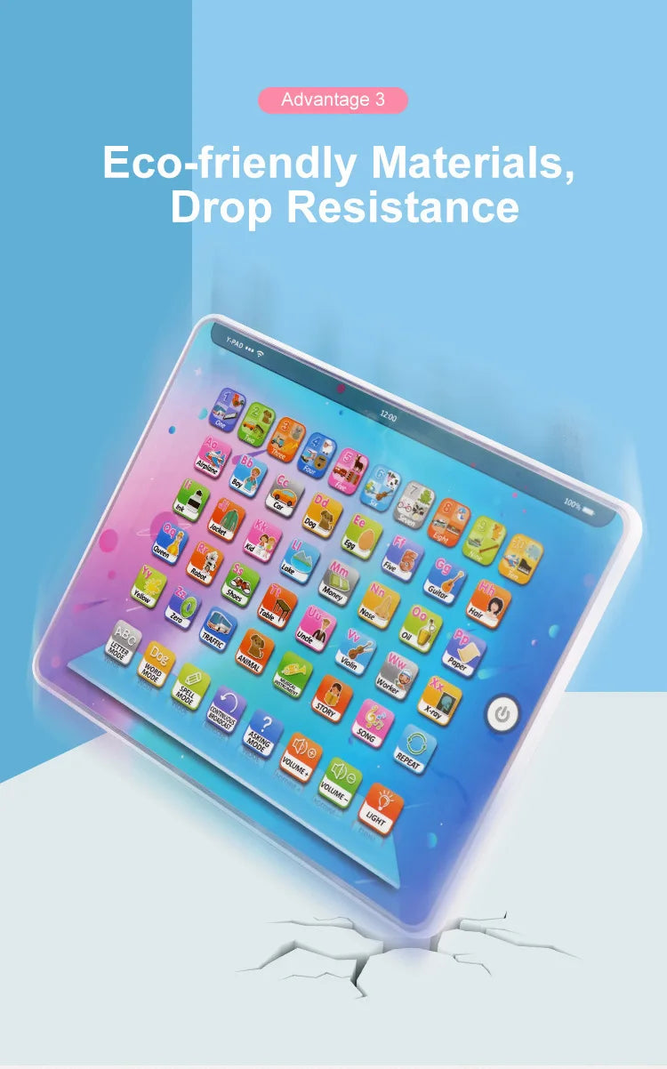 A tablet displaying colorful educational icons and buttons, demonstrating eco-friendly materials and drop resistance.