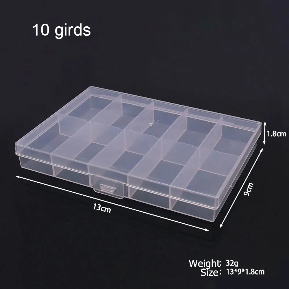 A rectangular clear plastic storage box with 10 individual compartments for organizing small items.