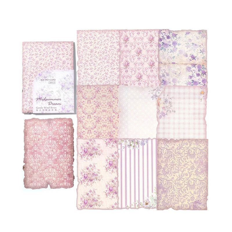A collection of vintage pink and purple floral patterned paper sheets for journaling and scrapbooking.