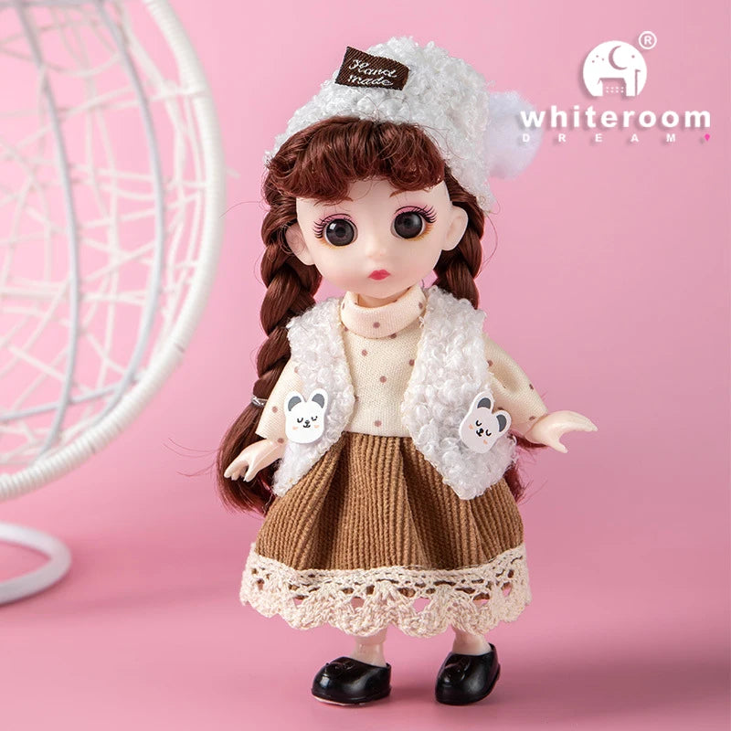 16cm Articulated Fashion Doll with Big Eyes and Dress-Up Outfit
