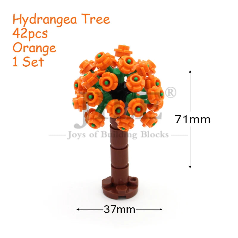 Orange Hydrangea tree building block set with 42 pieces and a brown trunk