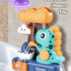 A plastic dinosaur bath shower toy with a purple cloud pourer and waterwheel in a bathtub.