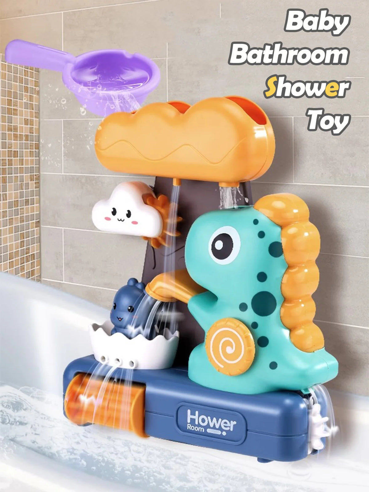 A plastic dinosaur bath shower toy with a purple cloud pourer and waterwheel in a bathtub.