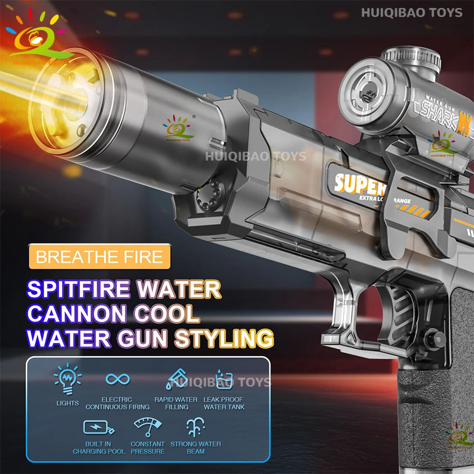 A silver electric pulse water gun is shown firing a stream of water with a simulated flame effect.