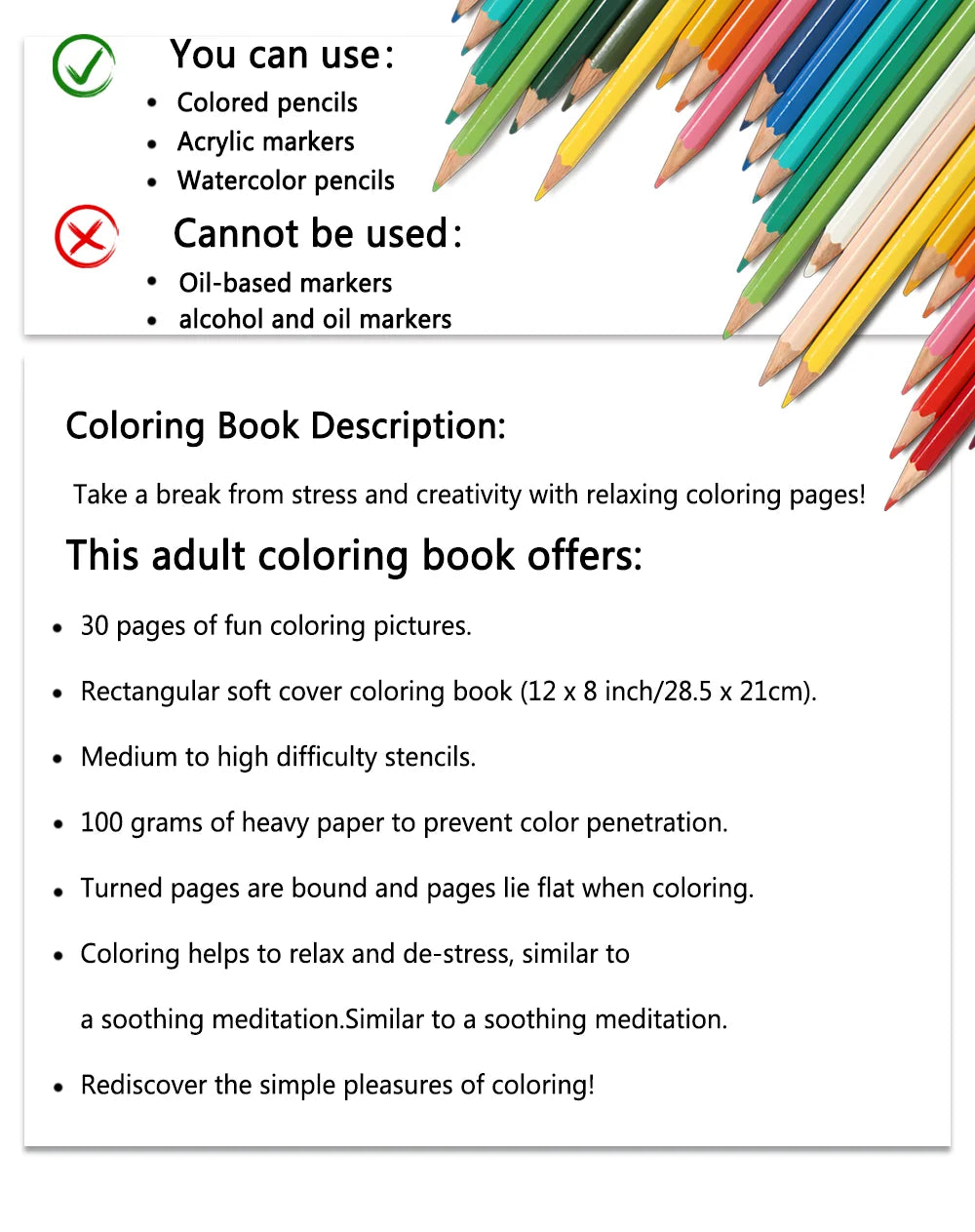 A coloring book description showing allowed and disallowed markers, along with details about the adult coloring book.