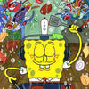 A cartoon drawing of SpongeBob SquarePants with a yellow face and headphones surrounded by various sea creatures and food ite