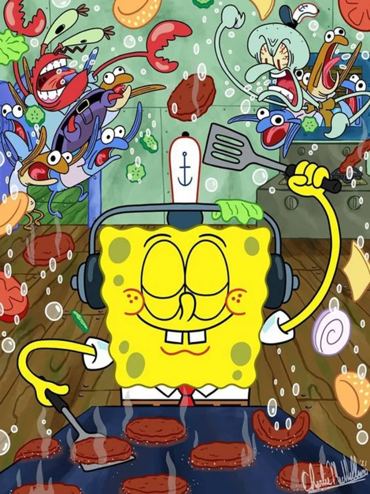 A cartoon drawing of SpongeBob SquarePants with a yellow face and headphones surrounded by various sea creatures and food ite