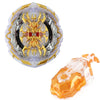 A metal spinning top battle set featuring a decorative top and a string launcher component.