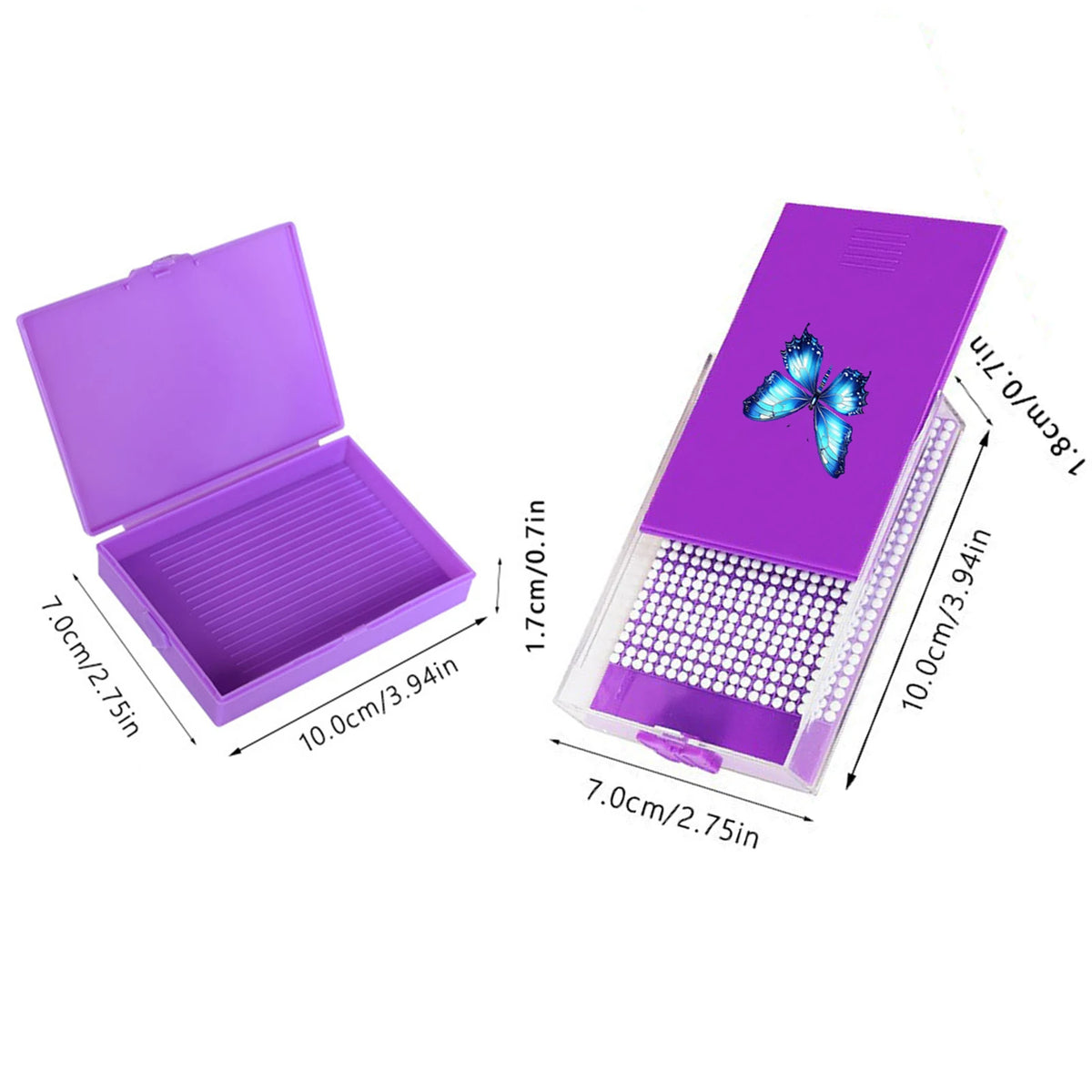 Purple diamond painting storage organizer box with a clear tray and glitter accents