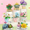 A collection of floral bouquet building blocks featuring various colors and textures arranged on white display stands.