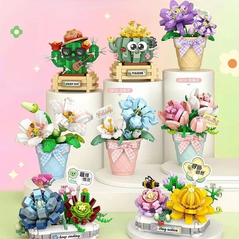 A collection of floral bouquet building blocks featuring various colors and textures arranged on white display stands.