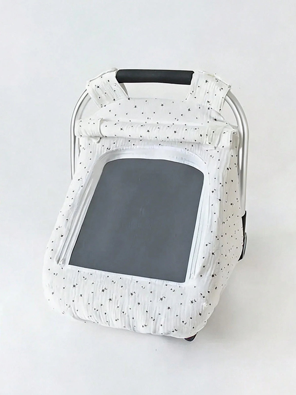 A white breathable baby stroller sunshade cover with a black mesh pattern and a gray panel.