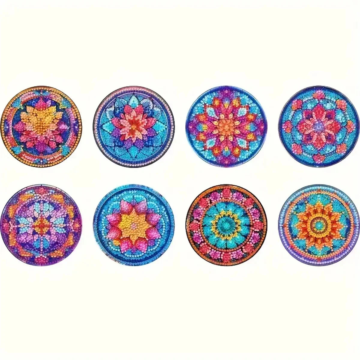 A set of nine colorful diamond painting coasters featuring intricate cat mandala designs on anti-slip wood.