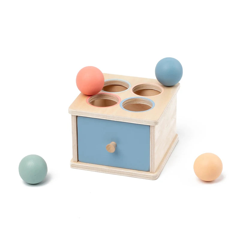 A wooden Montessori color sorting and shape sorter box with round colored balls inside.