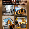 A collection of images showing features of a 14-Channel RC Excavator including dynamic sound, light effects, alloy constructi