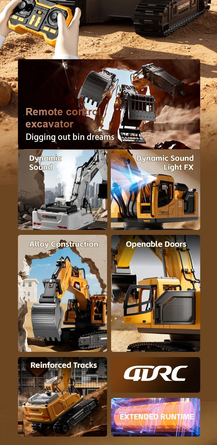 A collection of images showing features of a 14-Channel RC Excavator including dynamic sound, light effects, alloy constructi