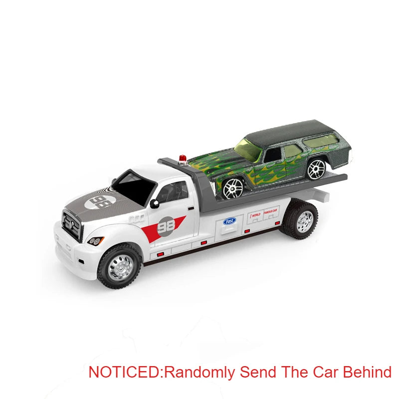 A 1:64 die-cast metal container trailer truck set with pull-back action featuring a white cab and a green cargo box.