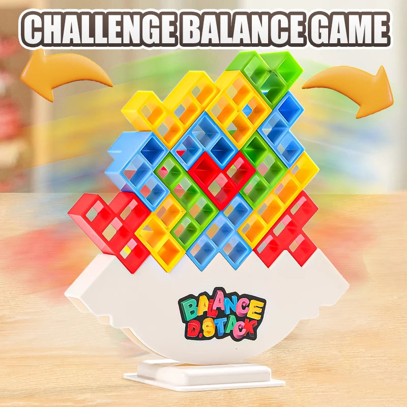 A colorful balance stacking tower game made of interlocking plastic blocks in various colors like yellow, green, and blue.