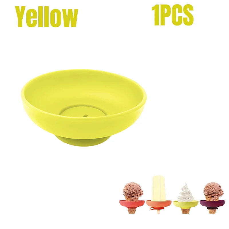 A yellow silicone popsicle holder is shown with several ice cream popsicles on the holders.