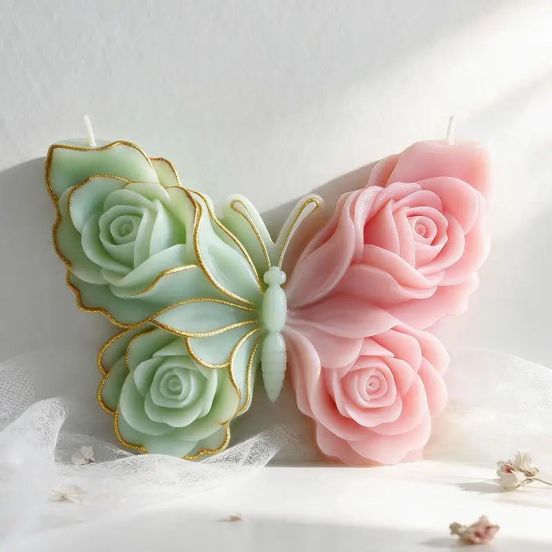 A silicone mold shaped like a butterfly and a rose, used for making candles and DIY crafts.