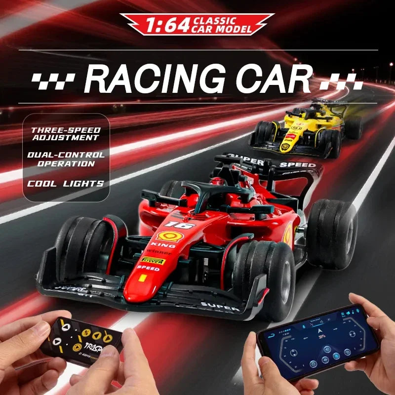 A red racing car model is shown with a smartphone, demonstrating three-speed adjustment and cool lights.