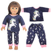 Unicorn pajama set for an 18-inch doll featuring a dark blue top and matching pants with pink trim.
