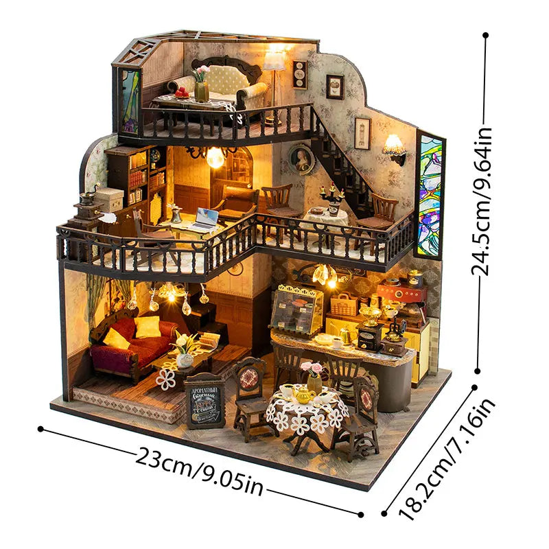 A wooden miniature dollhouse assembly kit featuring detailed furniture and an interior scene.