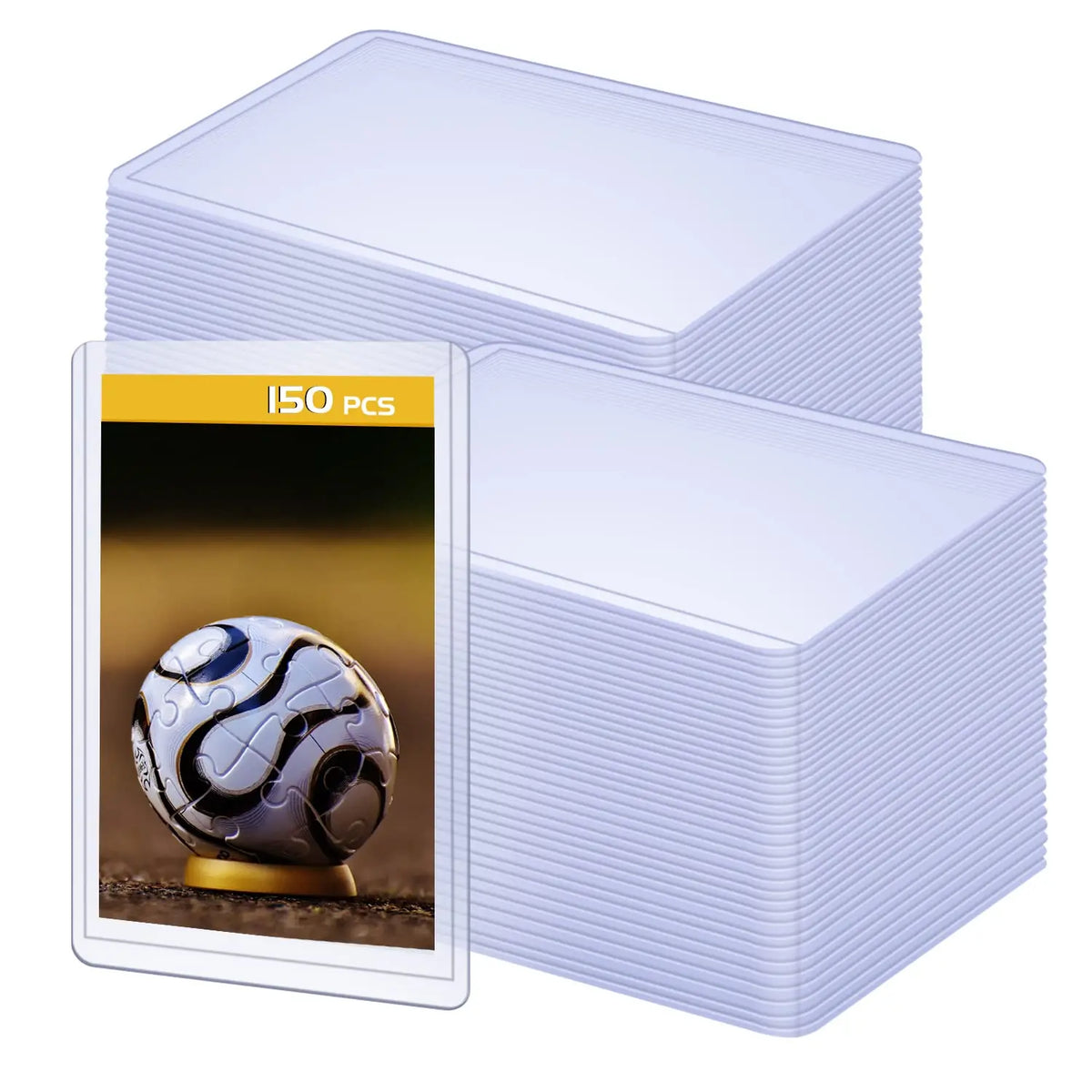 A stack of clear PVC trading card sleeves with a single soccer ball card displayed on the top sleeve.