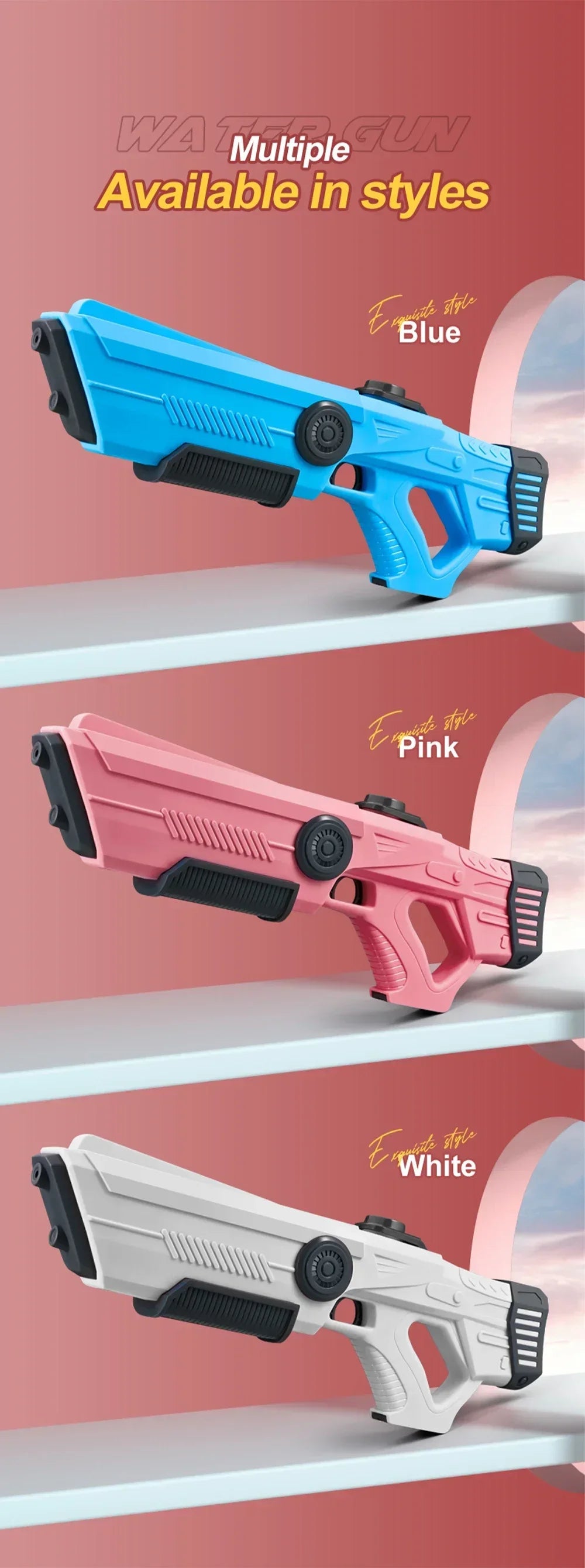 Three styles of a water gun are displayed: blue, pink, and white, shown in profile view.