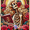 A diamond painting featuring a skull woman with flowing hair surrounded by roses and a sunburst design.
