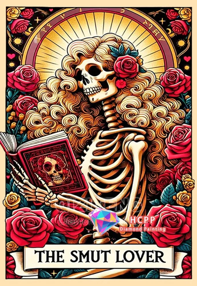 A diamond painting featuring a skull woman with flowing hair surrounded by roses and a sunburst design.