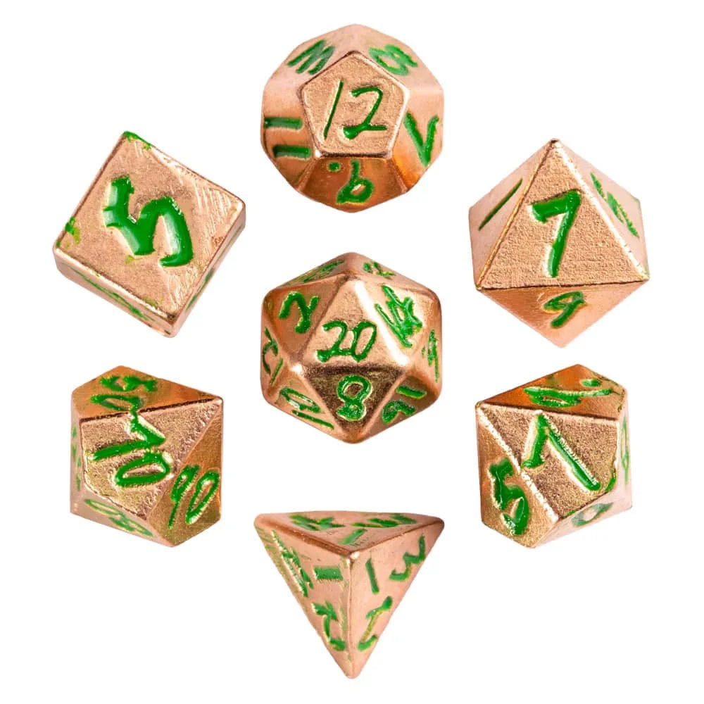 A set of ten brass-colored mini dice with green markings and a bullet box for tabletop role-playing games
