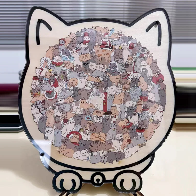 A circular jigsaw puzzle featuring many small, colorful cats arranged in a dense pattern on a wooden board.