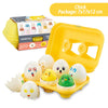 A yellow plastic egg container with several white and yellow plastic eggs, packaged in a box.