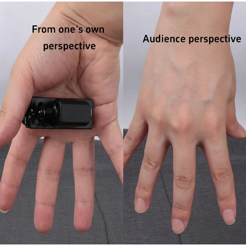 A hand holds a black floating can magic trick demonstrating levitation effect from both perspectives.