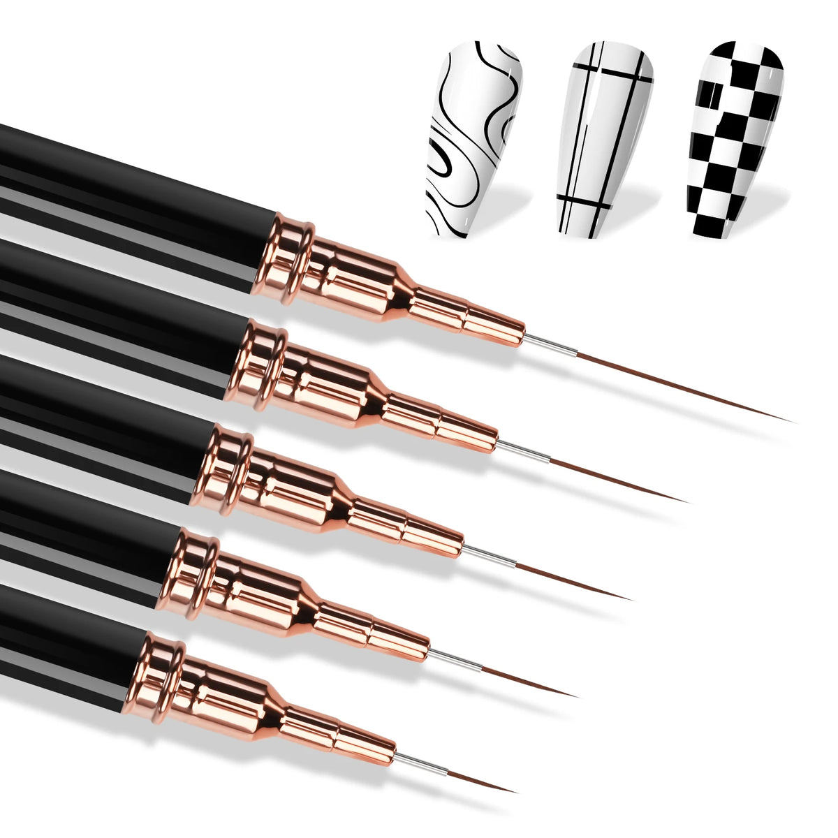 A set of five ultra-fine nail art liner brushes in black and rose gold finishes, including a patterned brush.